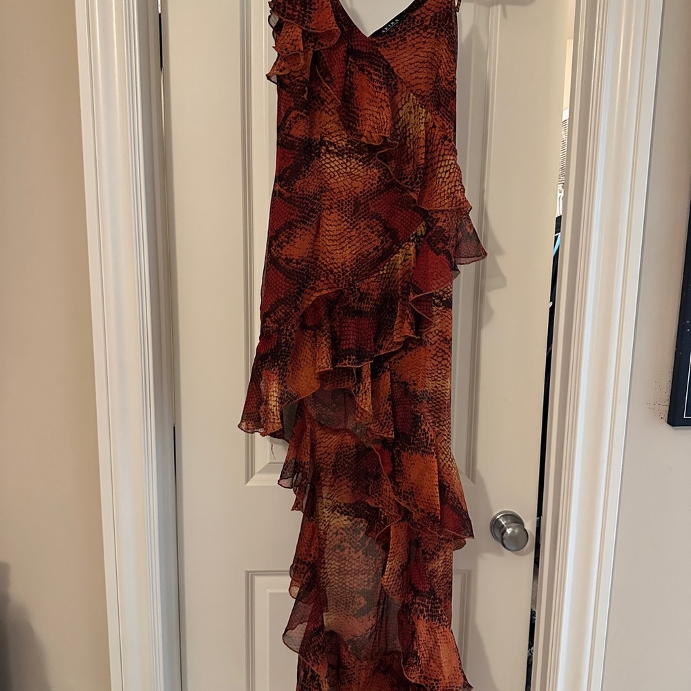 AKIRA Asymmetrical Ruffled Snake Print Dress - Red and Orange
